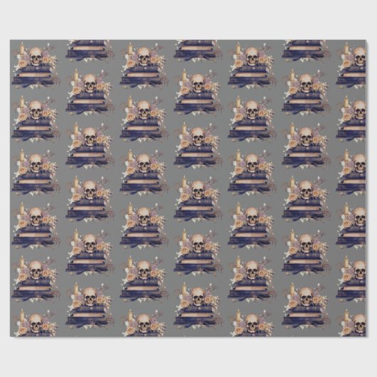 Schedel Boeken Grijs Goud Rozen Patroon Halloween Cadeaupapier (Vlak)