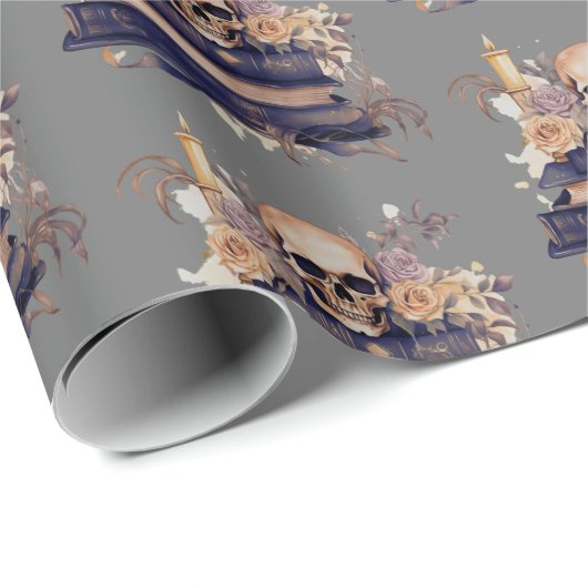Schedel Boeken Grijs Goud Rozen Patroon Halloween Cadeaupapier (Rol Hoek)