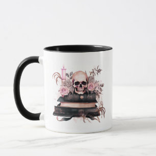 Schedel Boeken Roze en Grijze Rozen Halloween Mok