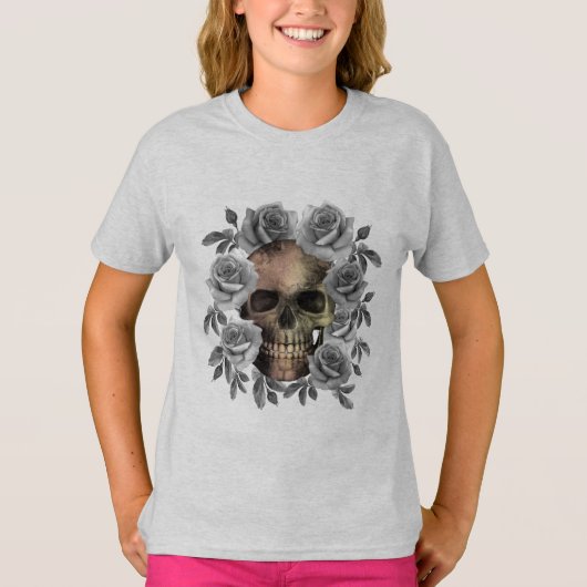 SCHEDEL BOEKET BLOEMEN ZWART EN WIT T-SHIRT (Voorkant)
