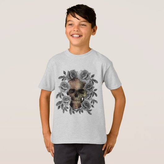 SCHEDEL BOEKET BLOEMEN ZWART EN WIT T-SHIRT (Voorkant volledig)