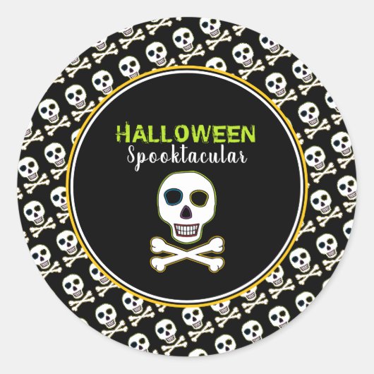Schedel & Botten, Neon Halloween Feest Ronde Sticker (Voorkant)