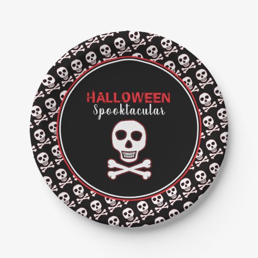 Schedel & Botten, Rode Halloween Feest Papieren Bordje (Voorkant)