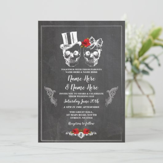 Schedel Bruiloft Halloween Rozen Gotische Bloemen  Kaart (Staand voorkant)