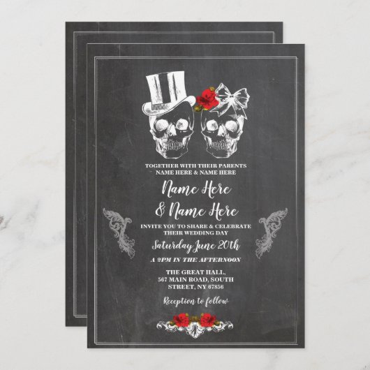 Schedel Bruiloft Halloween Rozen Gotische Bloemen  Kaart (Voorkant / Achterkant)