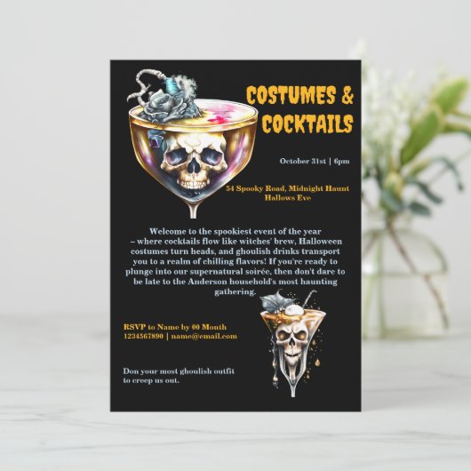 Schedel cocktail drinken zwart sinaasappel Hallowe Kaart (Staand voorkant)