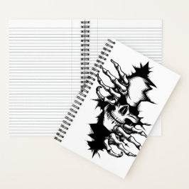 Schedel die door de muur heen rijt met skelet hand notitieboek