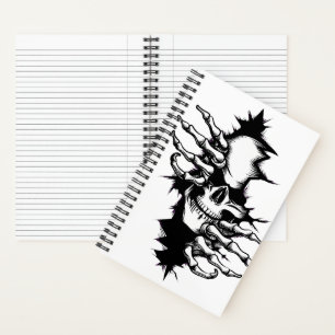 Schedel die door de muur heen rijt met skelet hand notitieboek