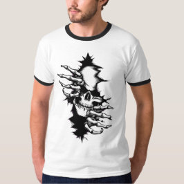 Schedel die door de muur heen rijt met skelet hand t-shirt