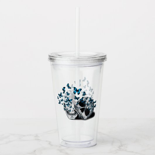 Schedel en Blauwe Vlinders Acryl Drinkbeker (Voorkant)