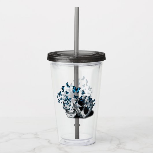 Schedel en Blauwe Vlinders Gothgray Acryl Drinkbeker (Voorkant)