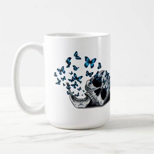Schedel en blauwe vlinders koffiemok (Links)