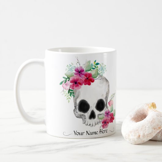 Schedel en bloemen elke naam koffiemok (Met donut)