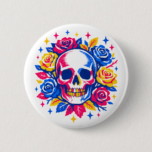 Schedel en Bloemen Ronde Button 5,7 Cm