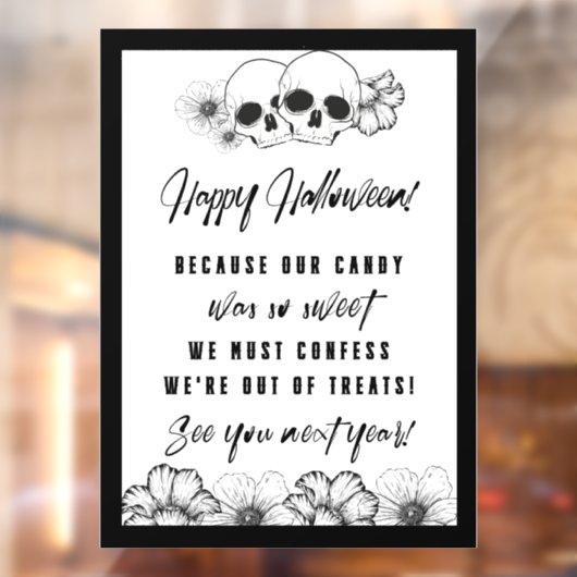 Schedel en bloemen Spooky Halloween "Out of Treats Raamsticker (Vel 2)