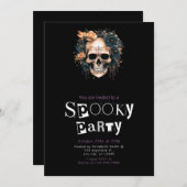 Schedel en bloemen Spooky Halloween Party Kaart (Voorkant / Achterkant)