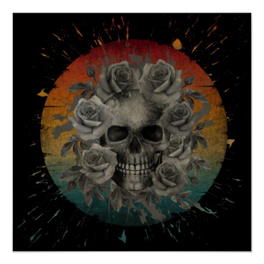  SCHEDEL EN BLOEMEN ZWART EN WIT PERFECT POSTER (Voorkant)