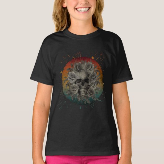  SCHEDEL EN BLOEMEN ZWART EN WIT T-SHIRT (Voorkant)