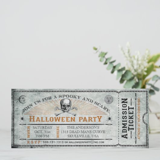 schedel en Botten Halloween Party Ticket Kaart (Staand voorkant)
