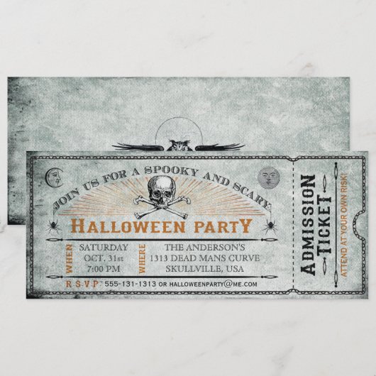 schedel en Botten Halloween Party Ticket Kaart (Voorkant / Achterkant)
