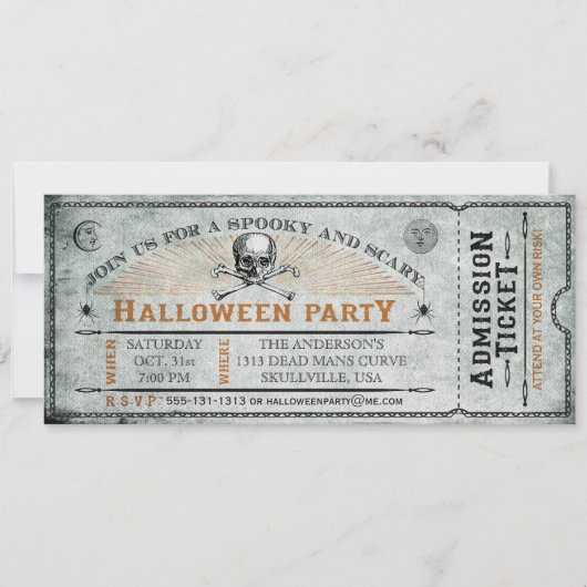 schedel en Botten Halloween Party Ticket Kaart (Voorkant)