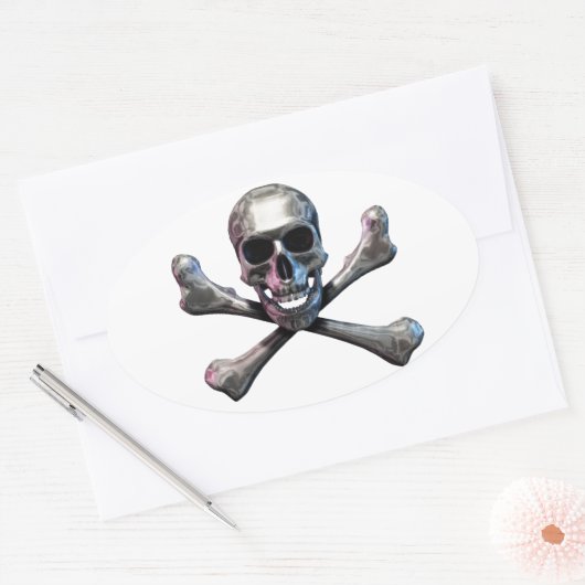 Schedel en Crossbones Chrome Ovale Sticker (Envelop)