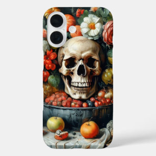 Schedel en fruit in Vanitas-stijl omslag iPhone 16 Hoesje