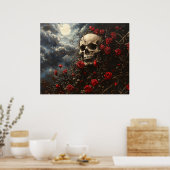 Schedel en karmozijnrozen poster (Keuken)