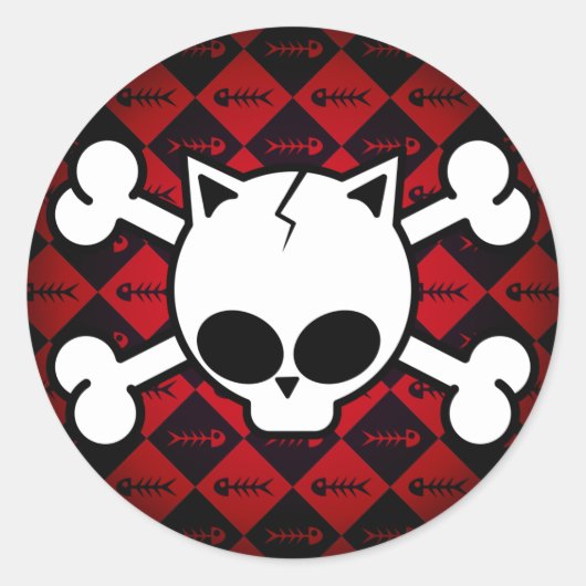 Schedel en kat Botten Ronde Sticker (Voorkant)