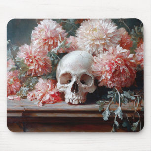 schedel en lichtroze bloemen muismat