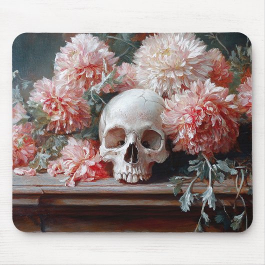 schedel en lichtroze bloemen muismat (Voorkant)