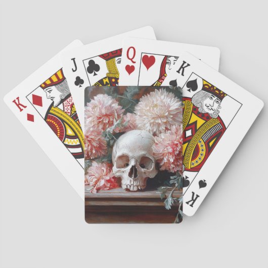 schedel en lichtroze bloemen pokerkaarten (Achterkant)