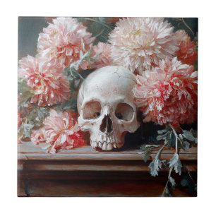 schedel en lichtroze bloemen tegeltje
