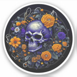 Schedel en oranje bloemen AI-kunst Sticker