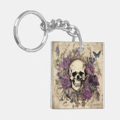  schedel en paarse bloemen sleutelhanger (Voorkant Links)