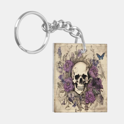  schedel en paarse bloemen sleutelhanger (Voorkant Links)