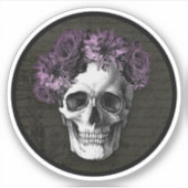 Schedel en Paarse Rozen | ronde stickers (Voorkant)