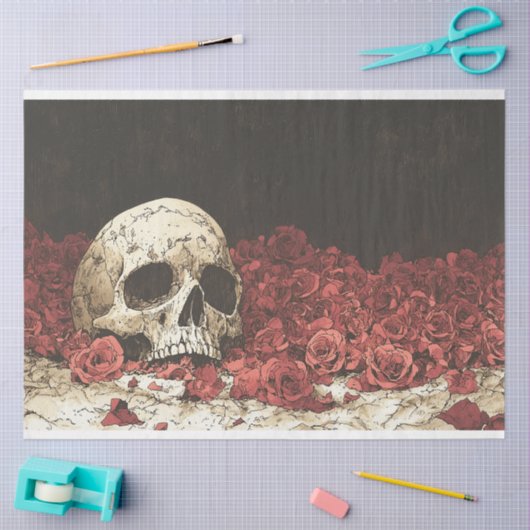 Schedel en Rode Rozen Illustratie Decoupage Tissuepapier (Craft)