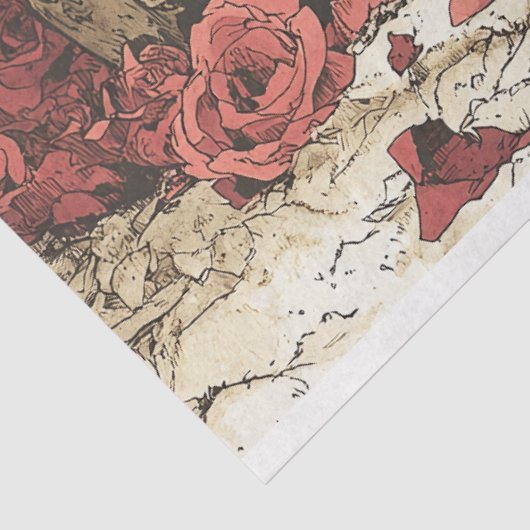 Schedel en Rode Rozen Illustratie Decoupage Tissuepapier (Detail)