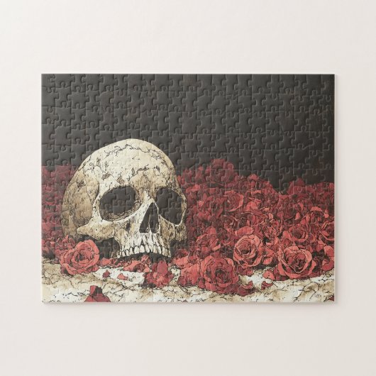 Schedel en rode rozen illustratie legpuzzel (Horizontaal)
