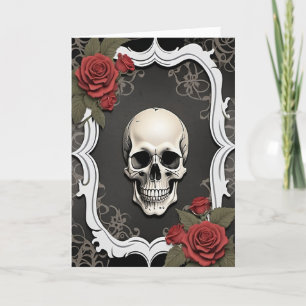 Schedel en Rode Rozen in een Witte Lijst Halloween Feestdagen Kaart