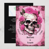 schedel en roze roos traditionele gotische bruilof kaart (Voorkant / Achterkant)