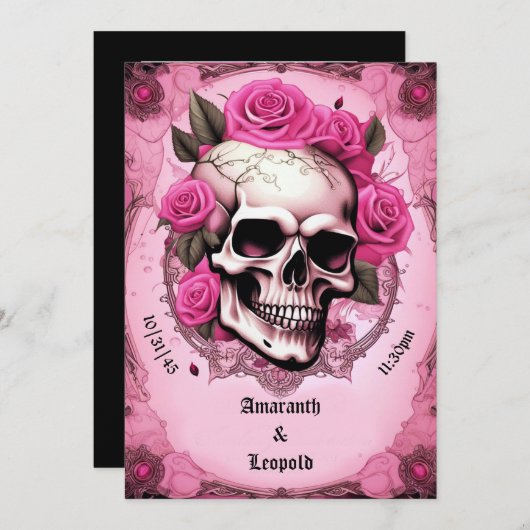 schedel en roze roos traditionele gotische bruilof kaart (Voorkant / Achterkant)