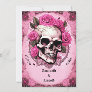 schedel en roze roos traditionele gotische bruilof kaart