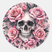 Schedel en roze rozen gotisch ronde sticker (Voorkant)