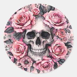 Schedel en roze rozen gotisch ronde sticker