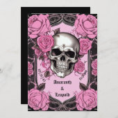 schedel en roze rozen traditionele gotische bruilo kaart (Voorkant / Achterkant)