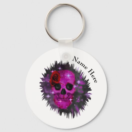Schedel en Rozen Gotische Witte Button Sleutelring Sleutelhanger (Voorkant)