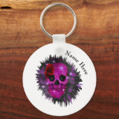 Schedel en Rozen Gotische Witte Button Sleutelring Sleutelhanger (Voorkant)