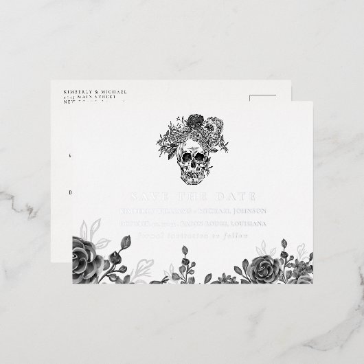 Schedel en Rozen Save the Date Aankondiging (Voorkant / Achterkant)